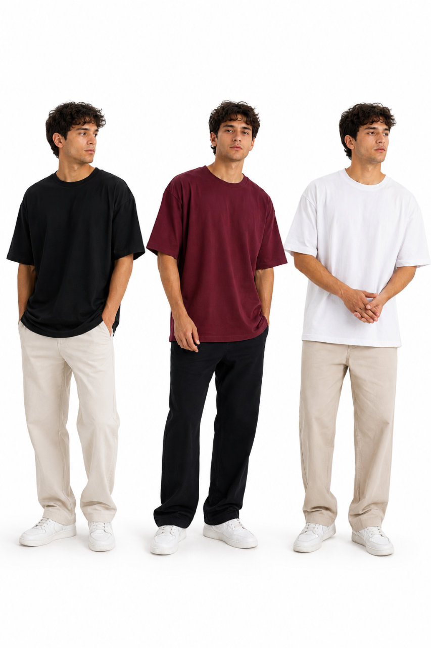 TRIPACK POLO OVERSIZE COLOR NEGRO VINO Y BLANCO ALGODON PREMIUM - 1