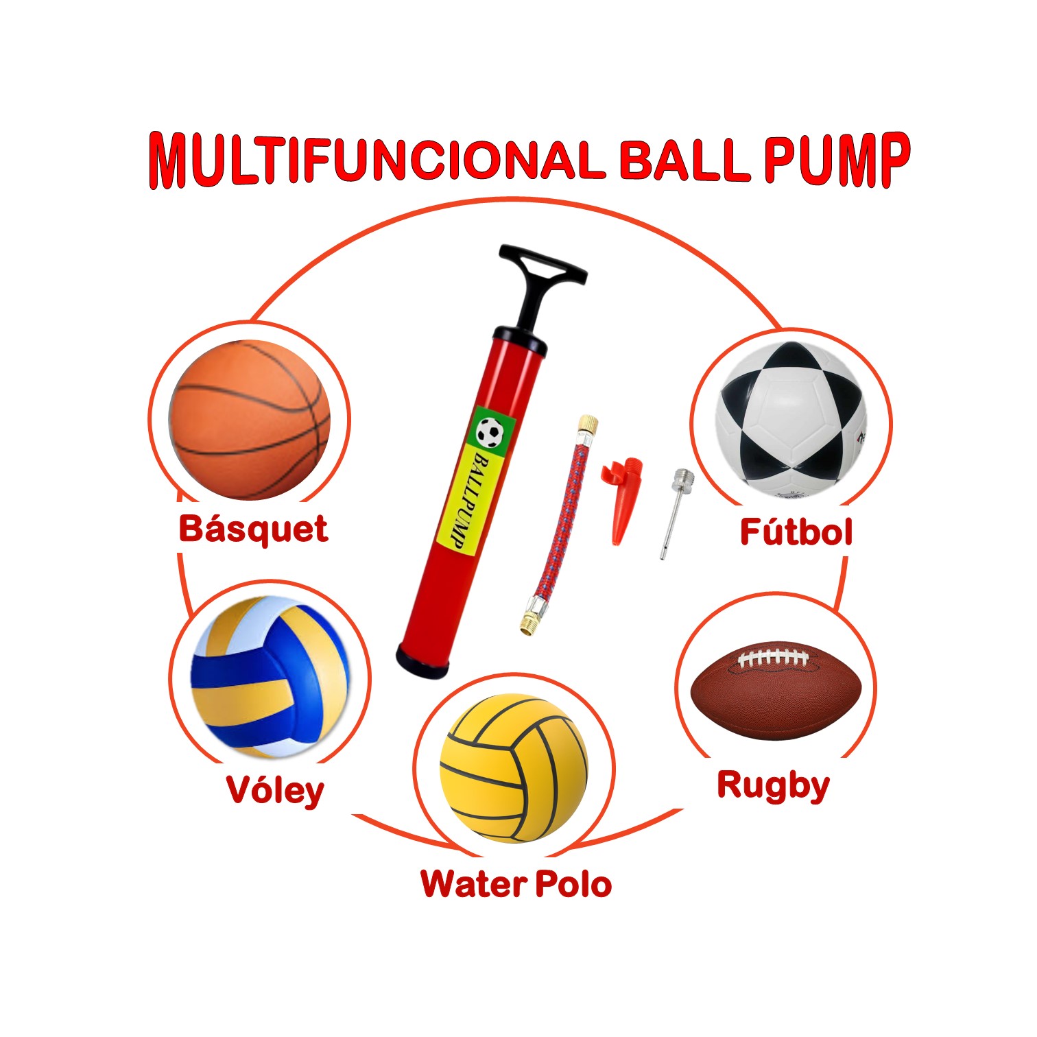 INFLADOR BOMBA DE MANO BALLPUMP 28CM PORTATÍL PELOTAS Y BALONES - 4