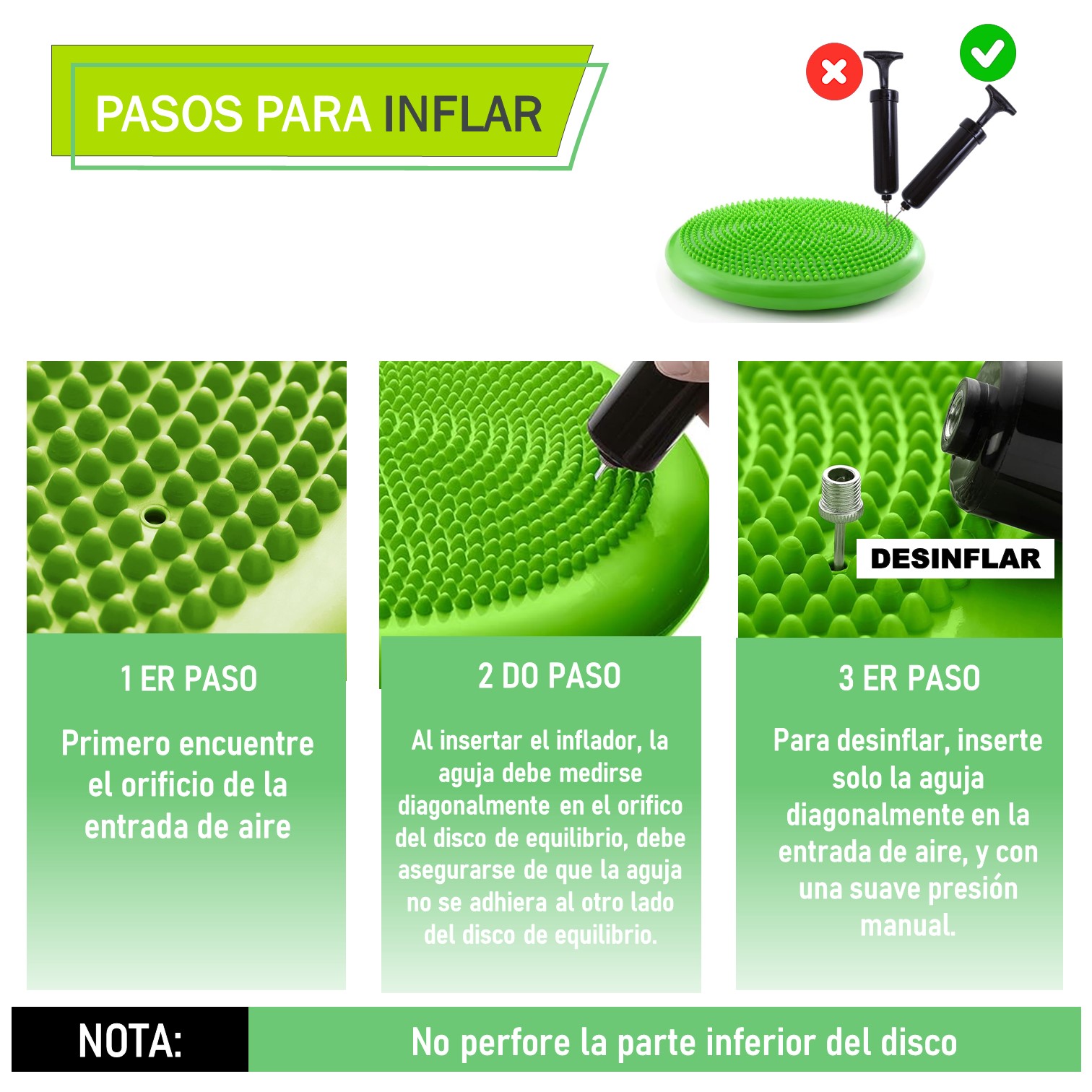 DISCO DE EQUILIBRIO CON INFLADOR PILATES YOGA FITNESS-VERDE - 3