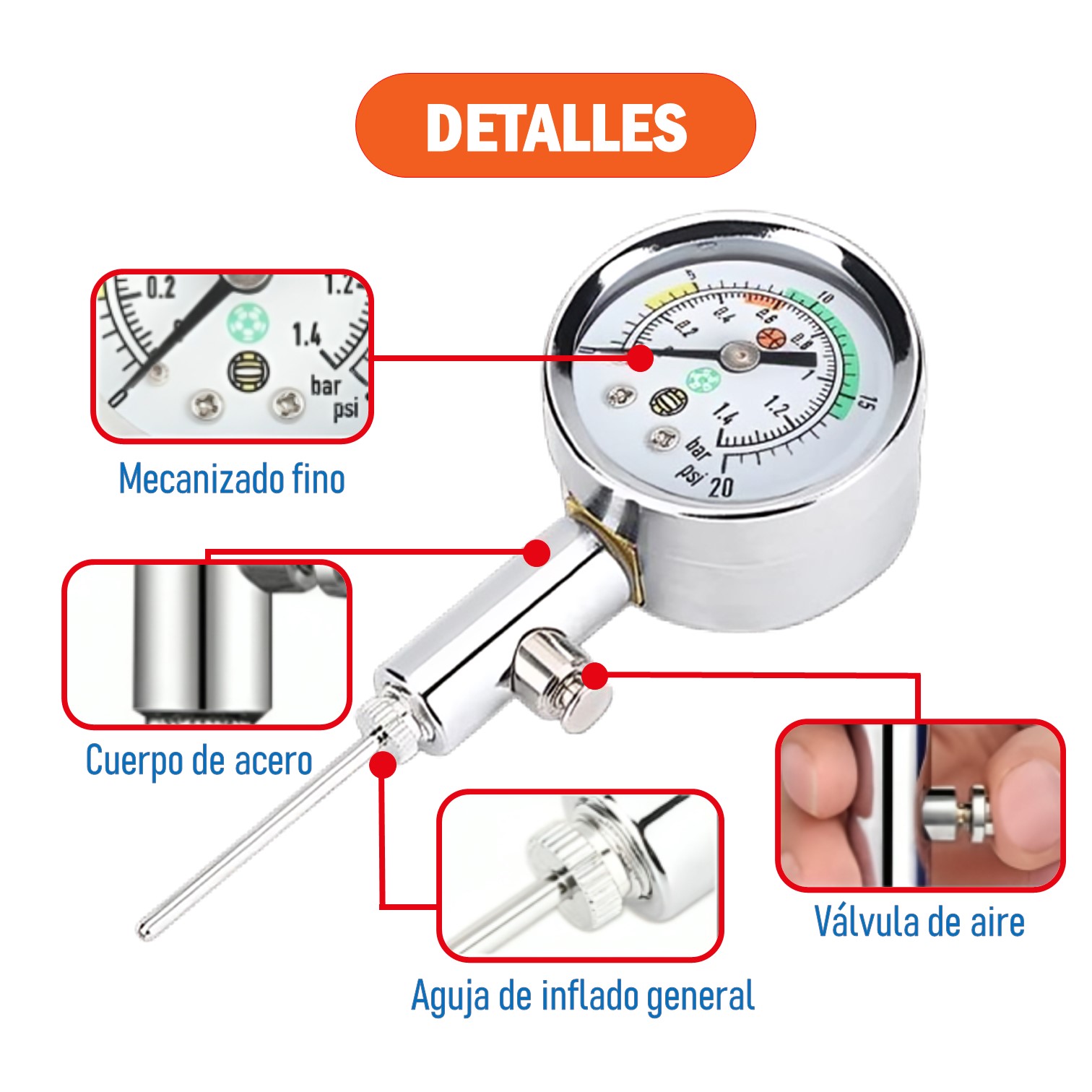 MEDIDOR DE AIRE TIPO RELOJ BARÓMETRO DE BALÓN CON VÁLVULA DE LIBERACIÓN DE AIRE PORTÁTIL SHOWGOL - 5