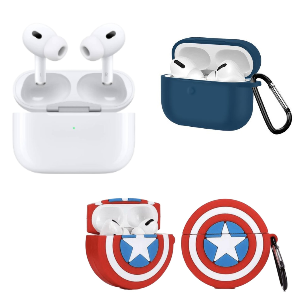 AUDIFONOS GENERICOS AIRPODS PRO 2 + FUNDA AZUL Y ESCUDO - 1