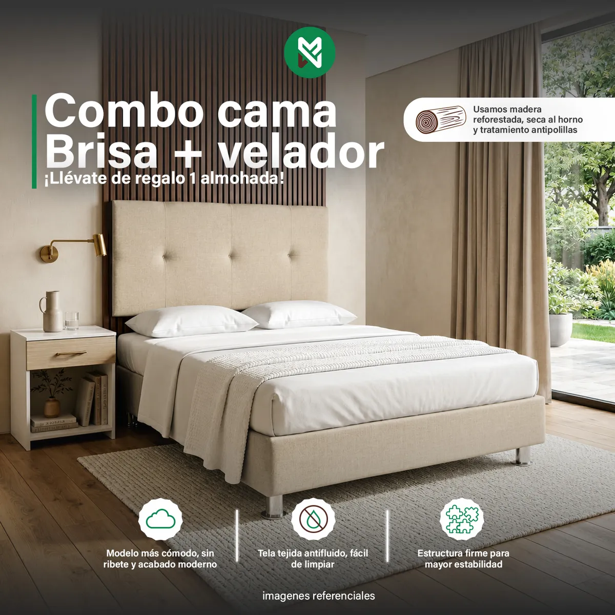 COMBO CAMA BRISA TELA ANTIFLUIDO 2PLZ BEIGE + VELADOR TED + ALMOHADA - 1