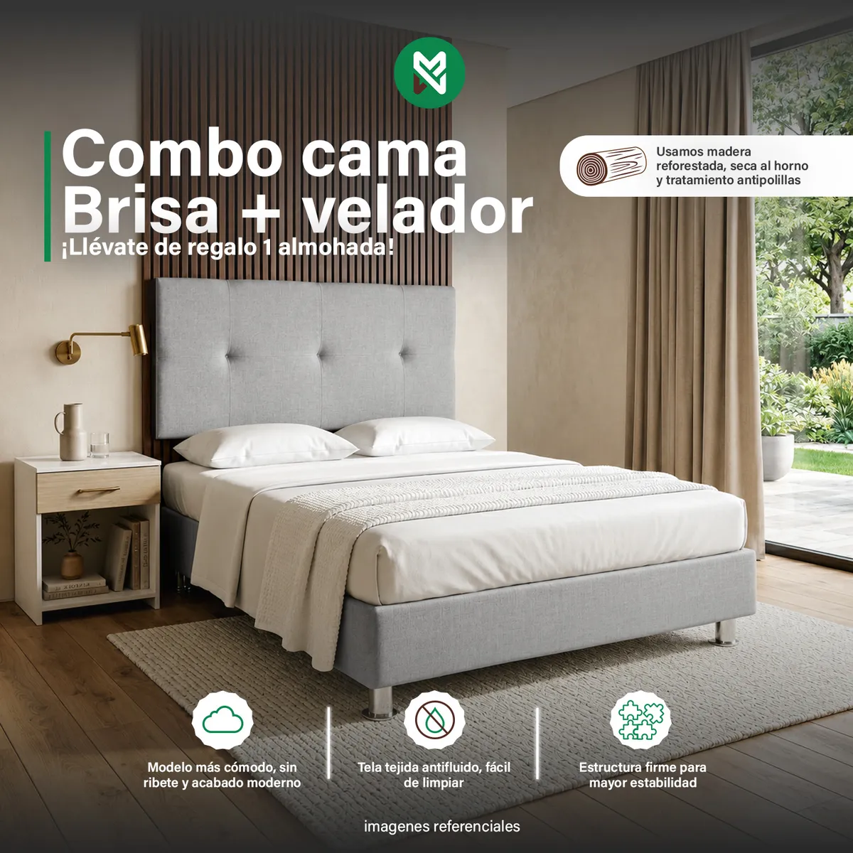 COMBO CAMA BRISA ANTIFLUIDO 2PLZ GRIS CLARO + VELADOR TED + ALMOHADA - 1