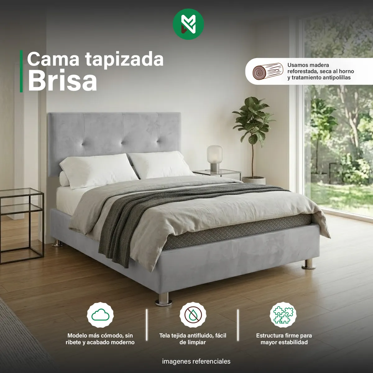 COMBO CAMA BRISA QUEEN GRIS CLARO ANTIFLUIDO + VELADOR TED + ALMOHADA - 1