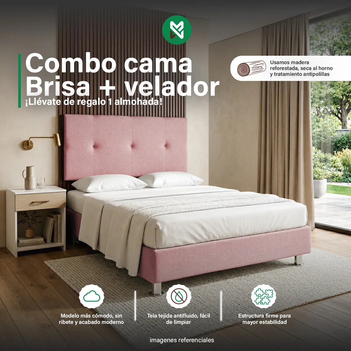 COMBO CAMA BRISA TELA ANTIFLUIDO QUEEN ROSADO + VELADOR TED + ALMOHADA - 1