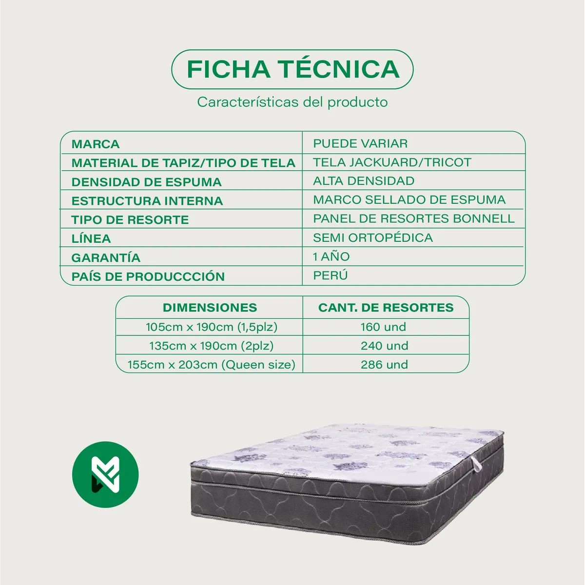 COLCHON SEMI ORTOPÉDICO 2 PLAZAS (240 RS)+ALMOHADA+PROTECT - 1