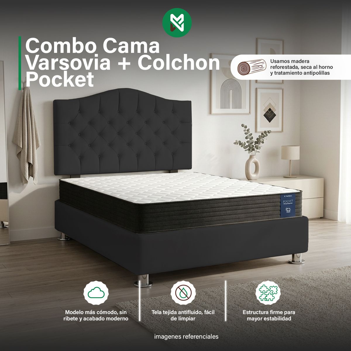COMBO CAMA TAPIZADA VARSOVIA 2P+COLCHON POCKET ITALIANO PARAÍSO+ALMOHADA - GRIS OSCURO - 1
