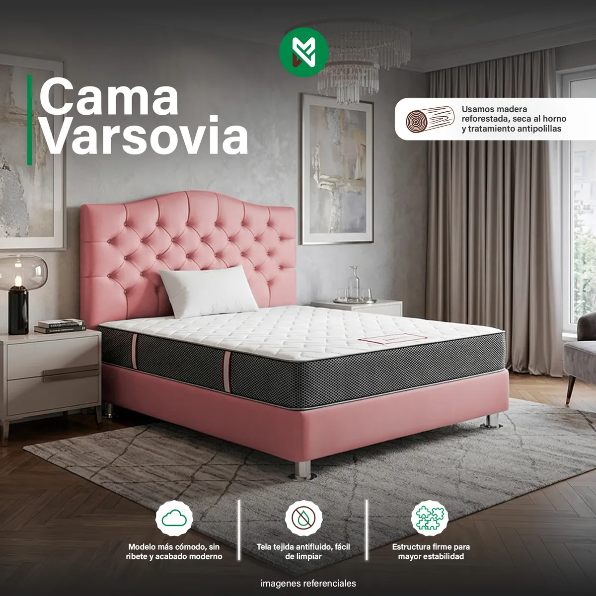 CAMA TAPIZADA VARSOVIA - QUEEN - COLOR ROSADO - 1