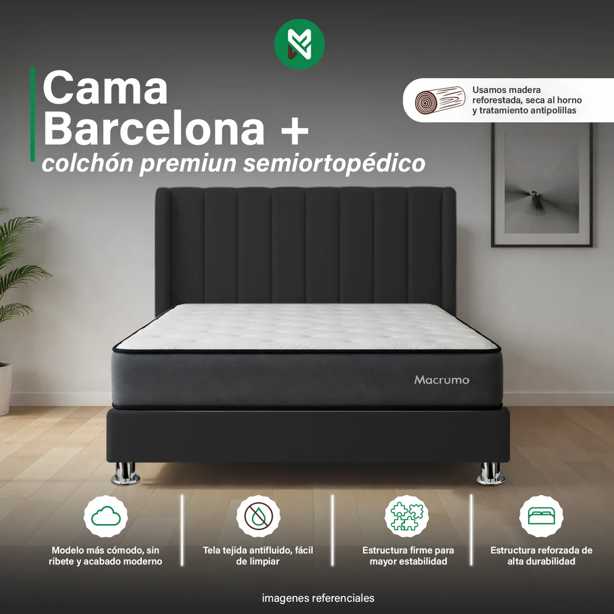 COMBO CAMA TAPIZADA BARCELONA -2PLZ - NEGRO +COLCHÓN PREMIUM SEMIORTOPÉDICO - 1