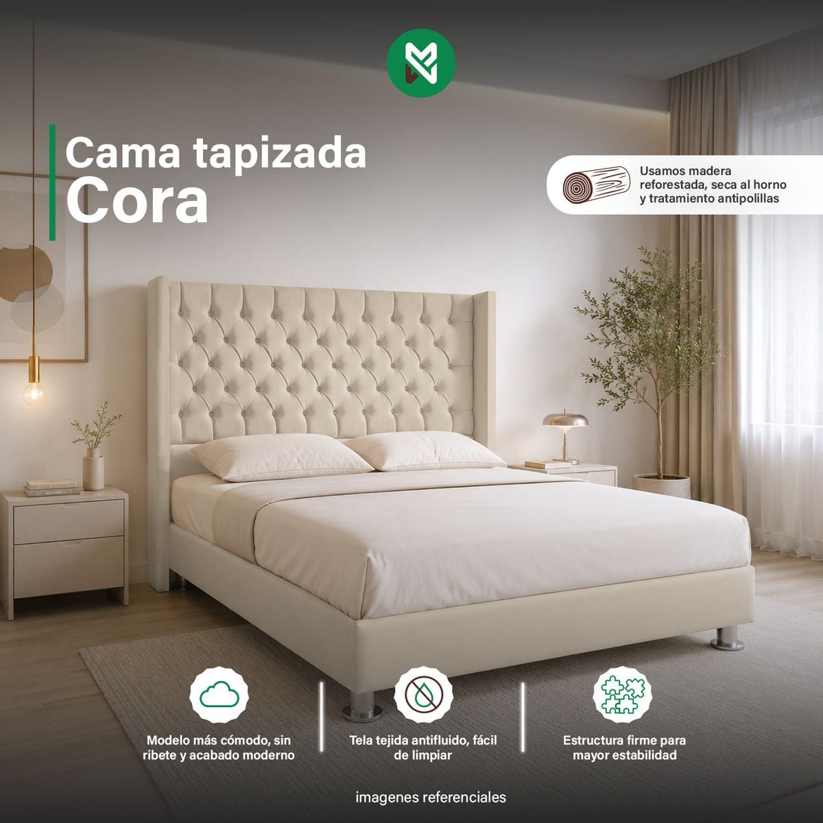 CAMA TAPIZADA CORA QUEEN - COLOR BEIGE CLARO - 1