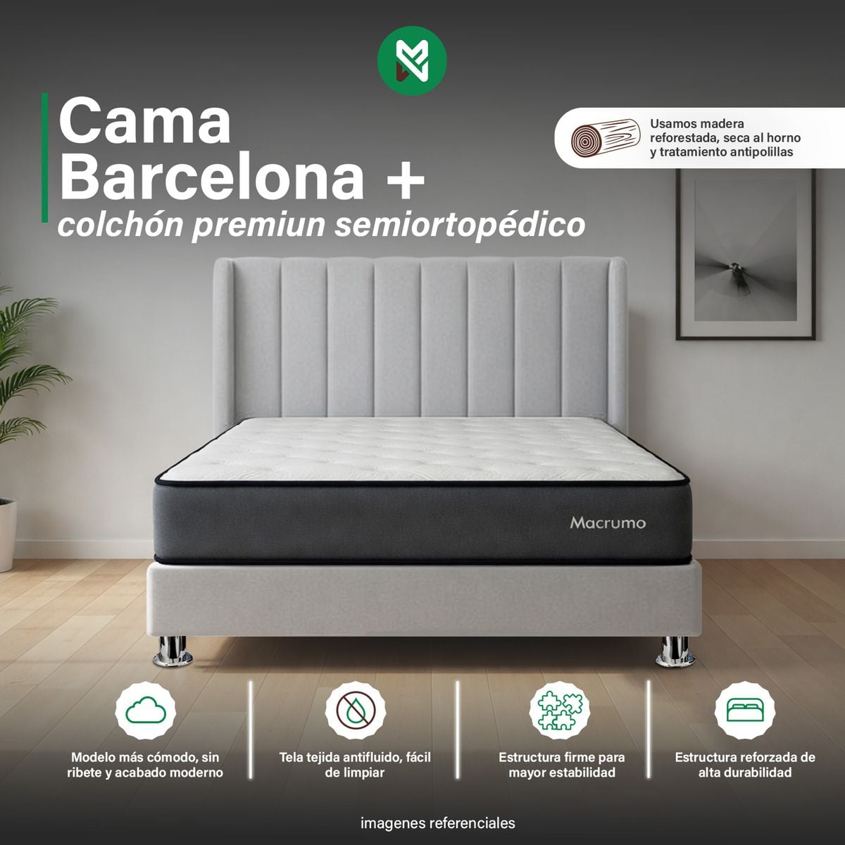 COMBO CAMA TAPIZADA BARCELONA -QUEEN - GRIS CLARO +COLCHÓN PREMIUM SEMIORTOPÉDICO - 1