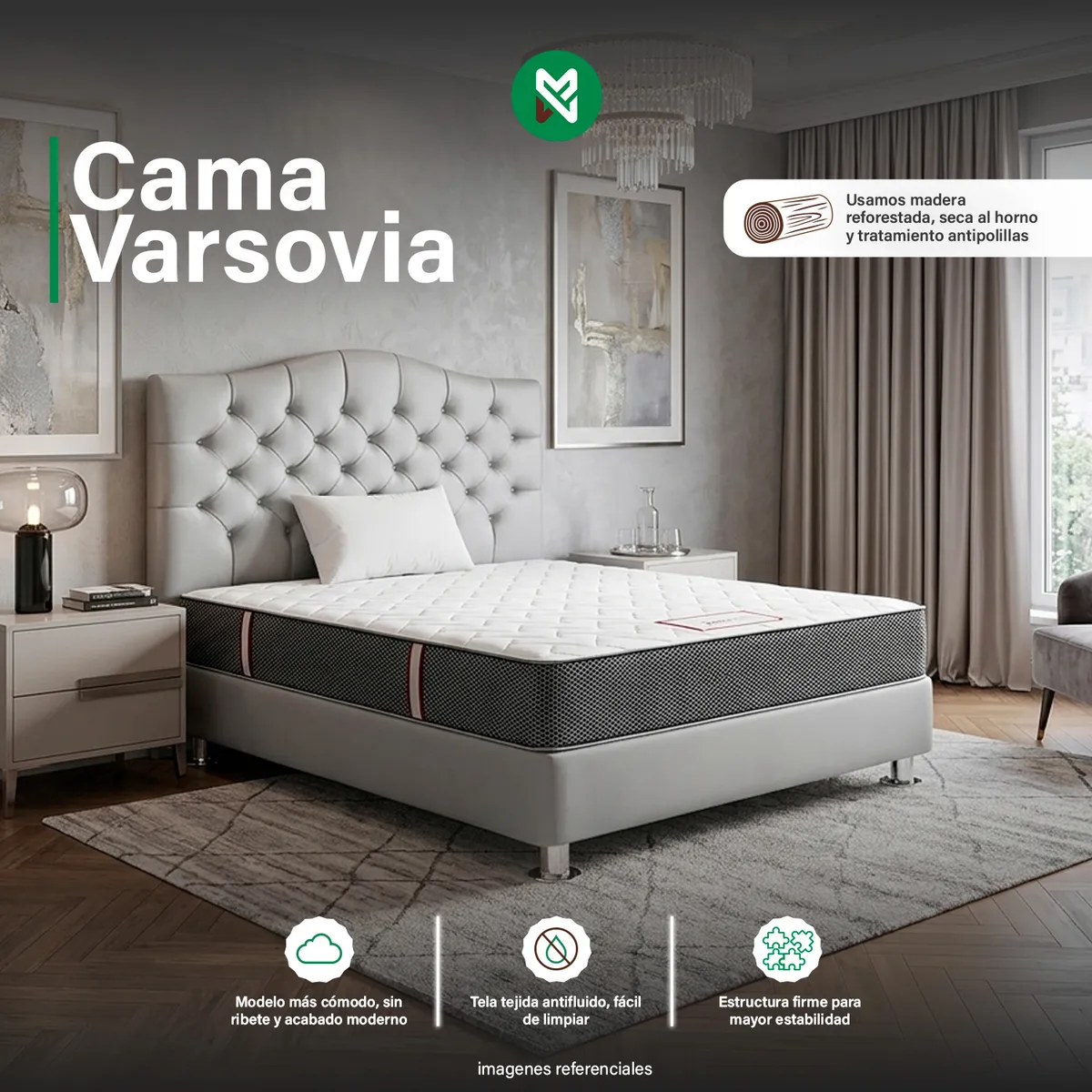 COMBO CAMA TAPIZADA VARSOVIA QUEEN GRIS CLARO + COLCHON + ALMOHADA - 1