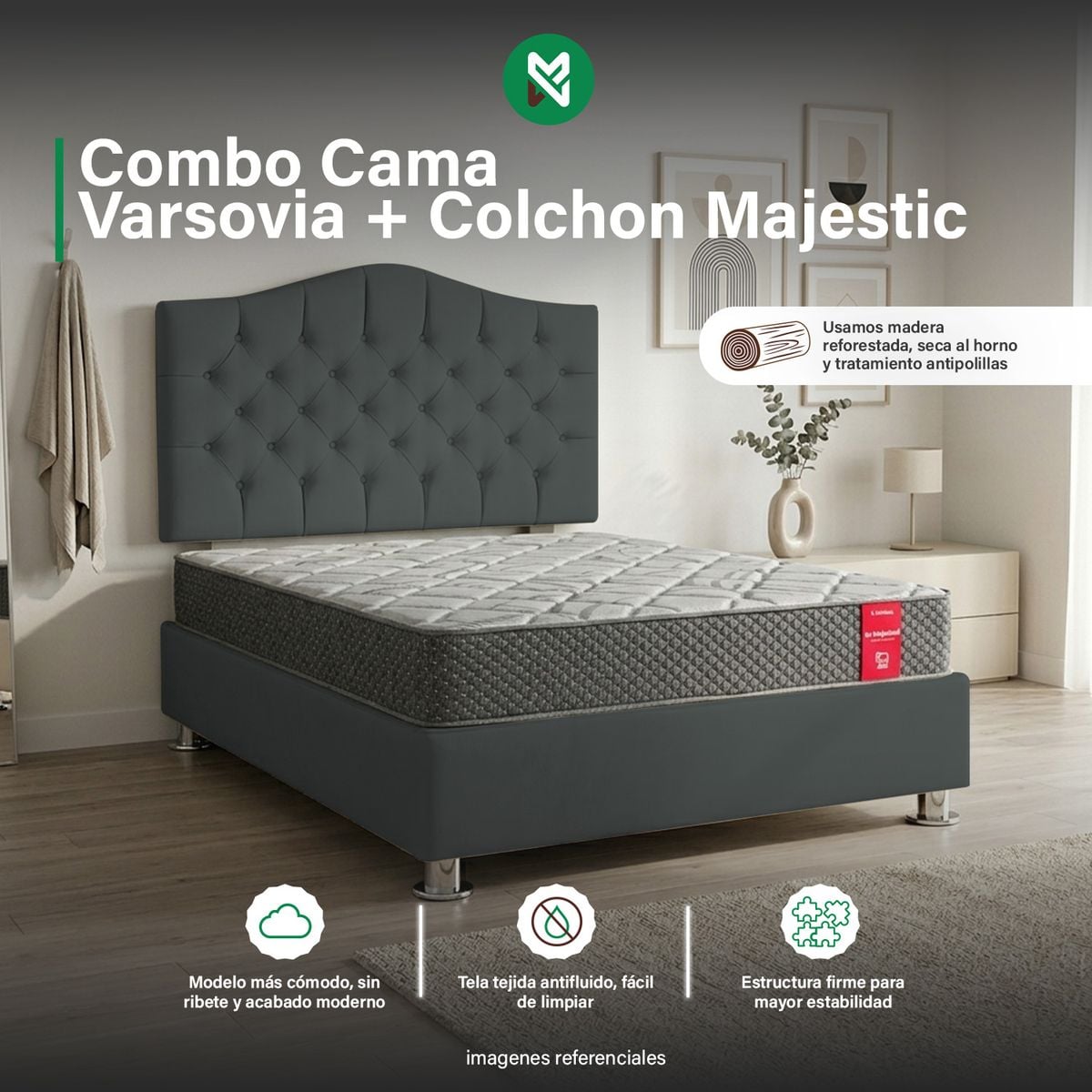 COMBO CAMA TAPIZADA VARSOVIA 2PLZ+COLCHON MAJESTIC PARAÍSO+ALMOHADA - GRIS OSCURO - 1