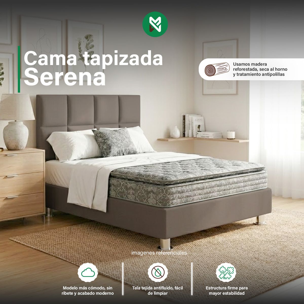 COMBO CAMA TAPIZADA SERENA - 2 PLZ BEIGE OSCURO+COLCHÓN SEMIORTOPÉDICO - 1
