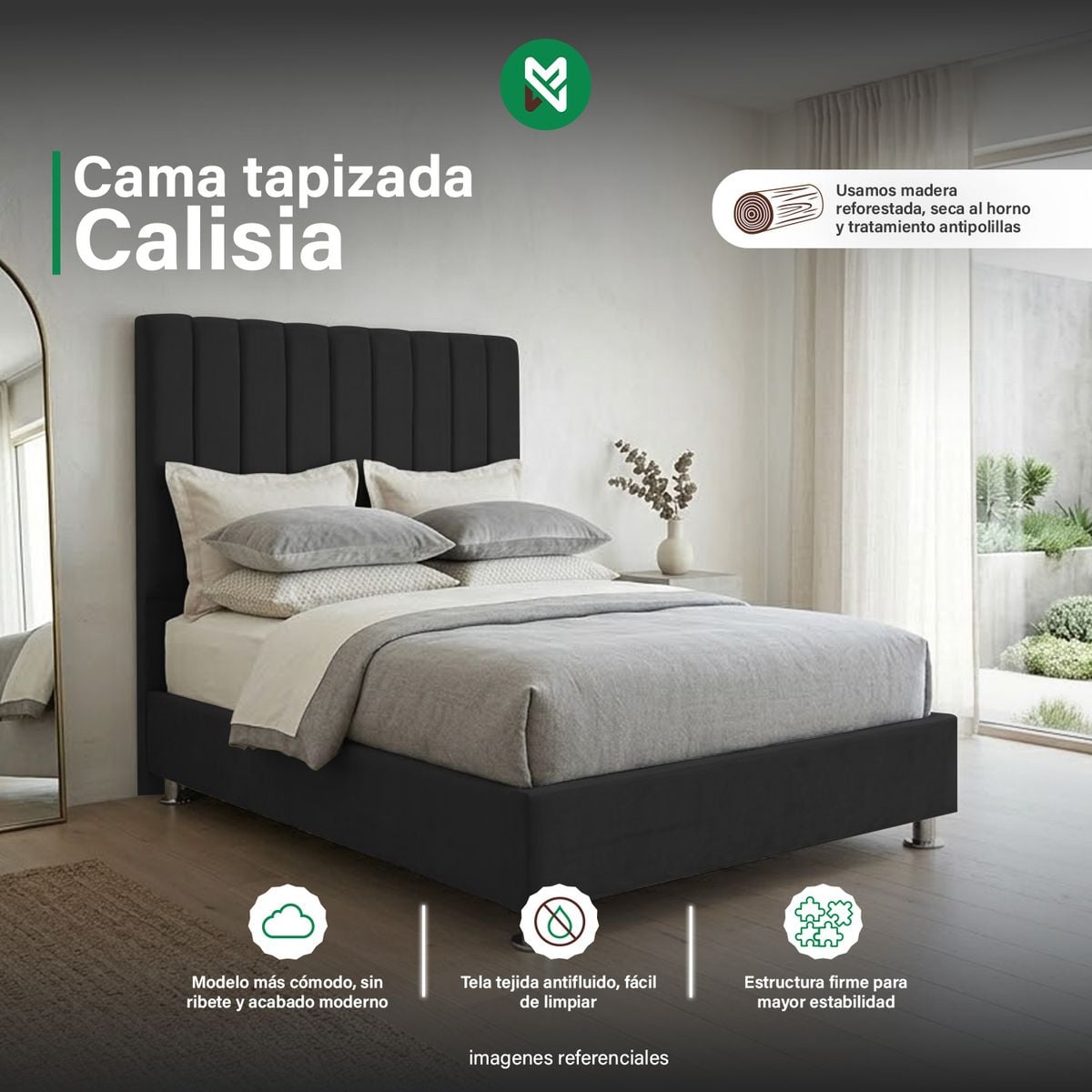 CAMA TAPIZADA CALISIA KING 2 TARIMAS COLOR NEGRO - 1