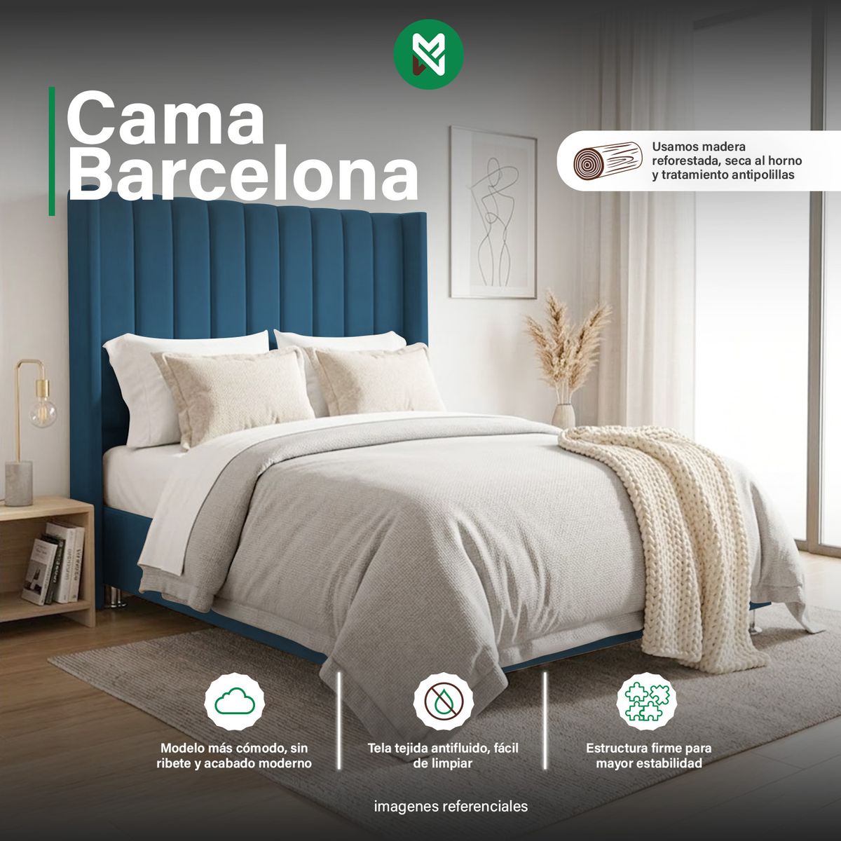COMBO CAMA TAPIZADA BARCELONA - QUEEN TURQUESA +COLCHÓN SEMIORTOPÉDICO - 1
