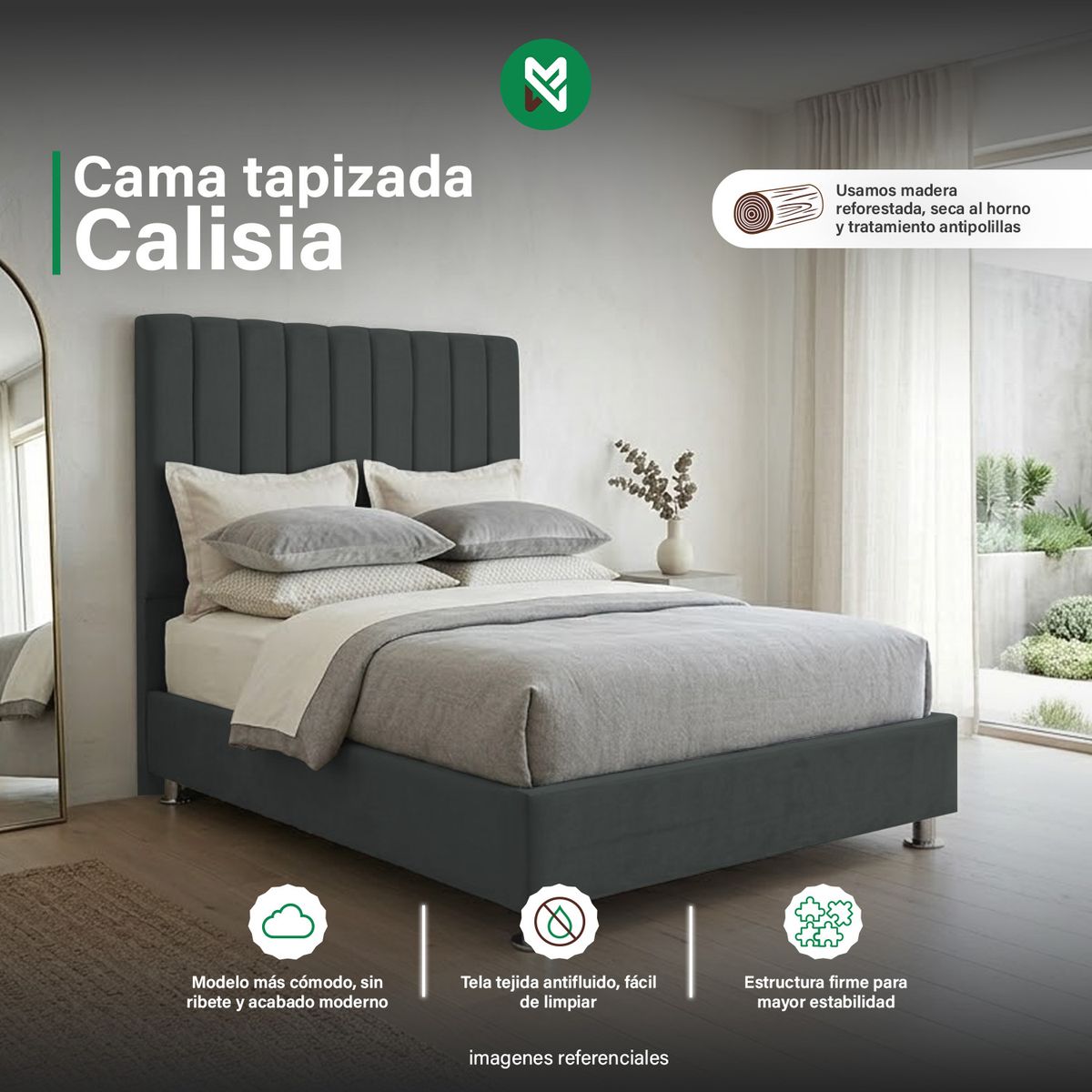 COMBO CAMA TAPIZADA CALISIA GRIS OSCURO-QUEEN+COLCHÓN SEMIORTOPÉDICO - 1