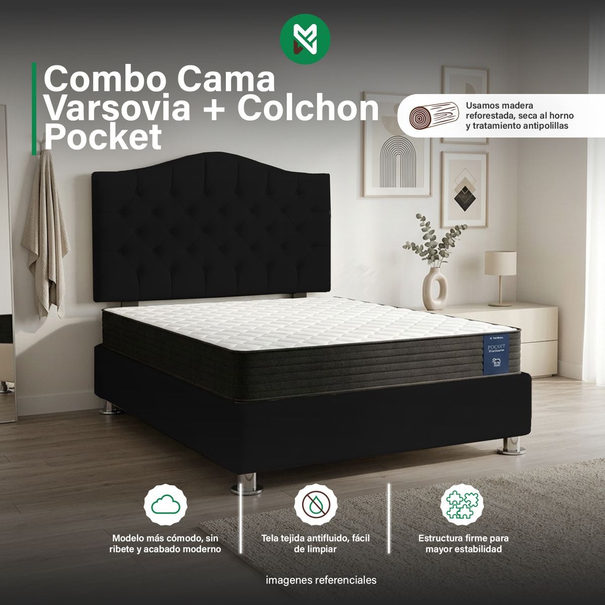 COMBO CAMA TAPIZADA VARSOVIA 2P+COLCHON POCKET ITALIANO PARAÍSO+ALMOHADA - NEGRO - 1