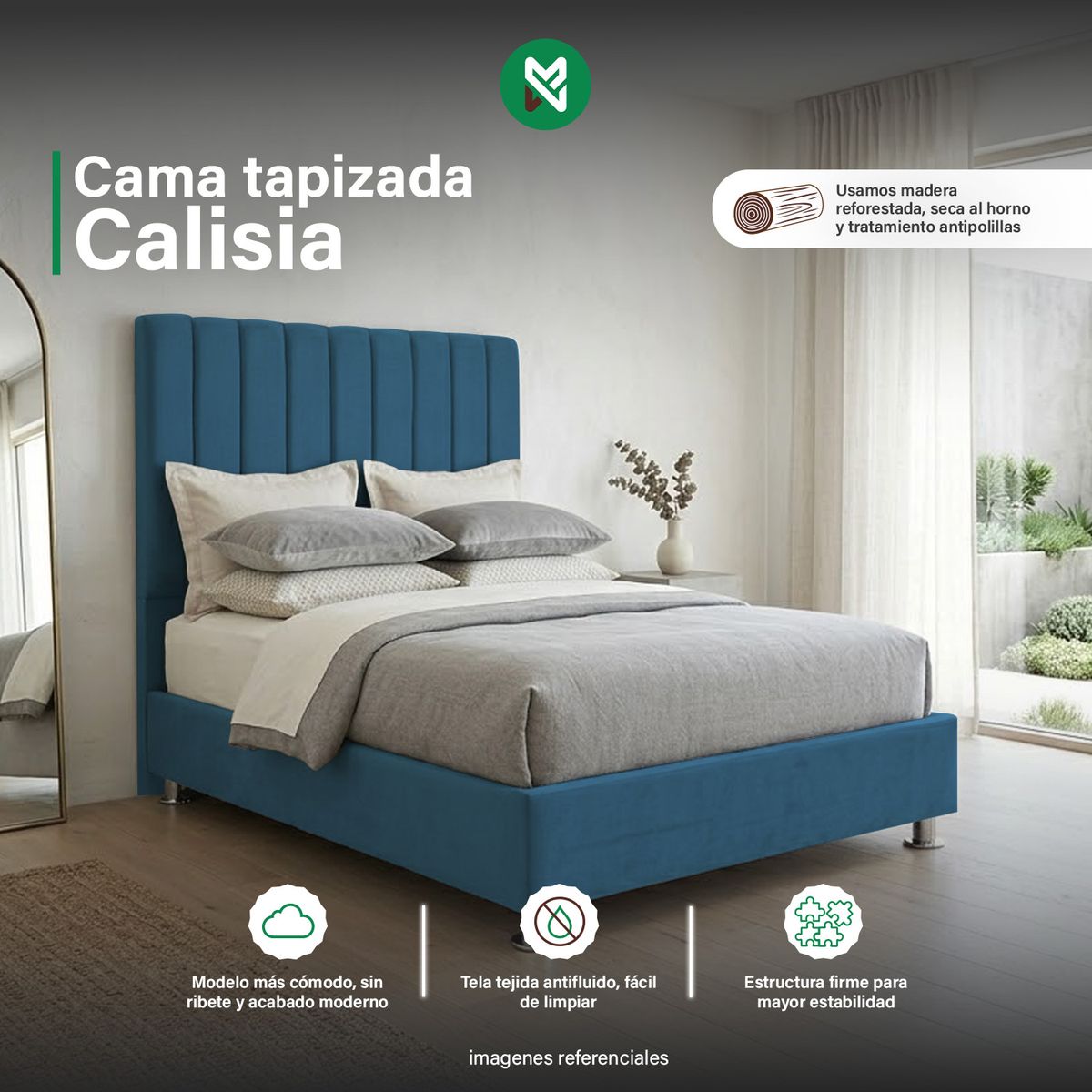 COMBO CAMA TAPIZADA CALISIA TURQUESA -QUEEN PLZ+COLCHÓN SEMIORTOPÉDICO - 1