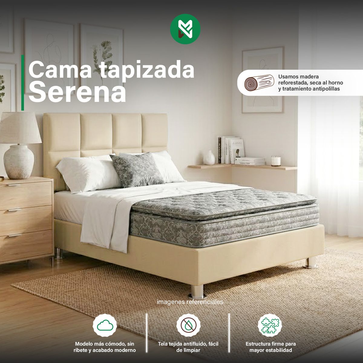 COMBO CAMA TAPIZADA SERENA - QUEEN BEIGE CLARO+COLCHÓN SEMIORTOPÉDICO - 1