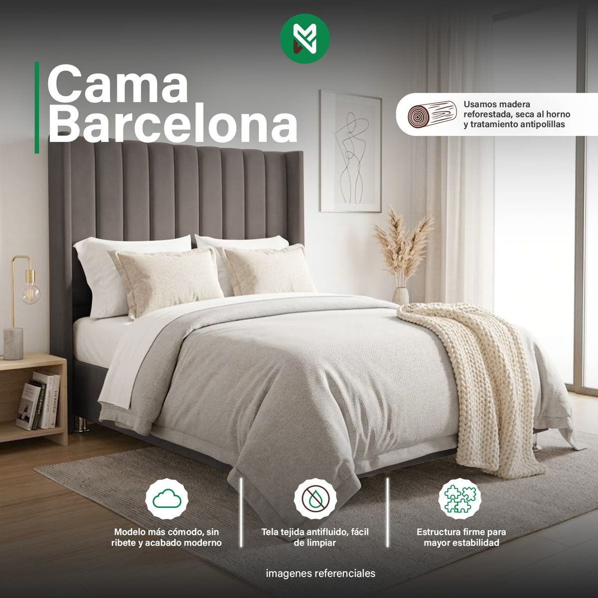 COMBO CAMA TAPIZADA BARCELONA-QUEEN BEIGEOSCURO+COLCHÓN SEMIORTOPÉDICO - 1