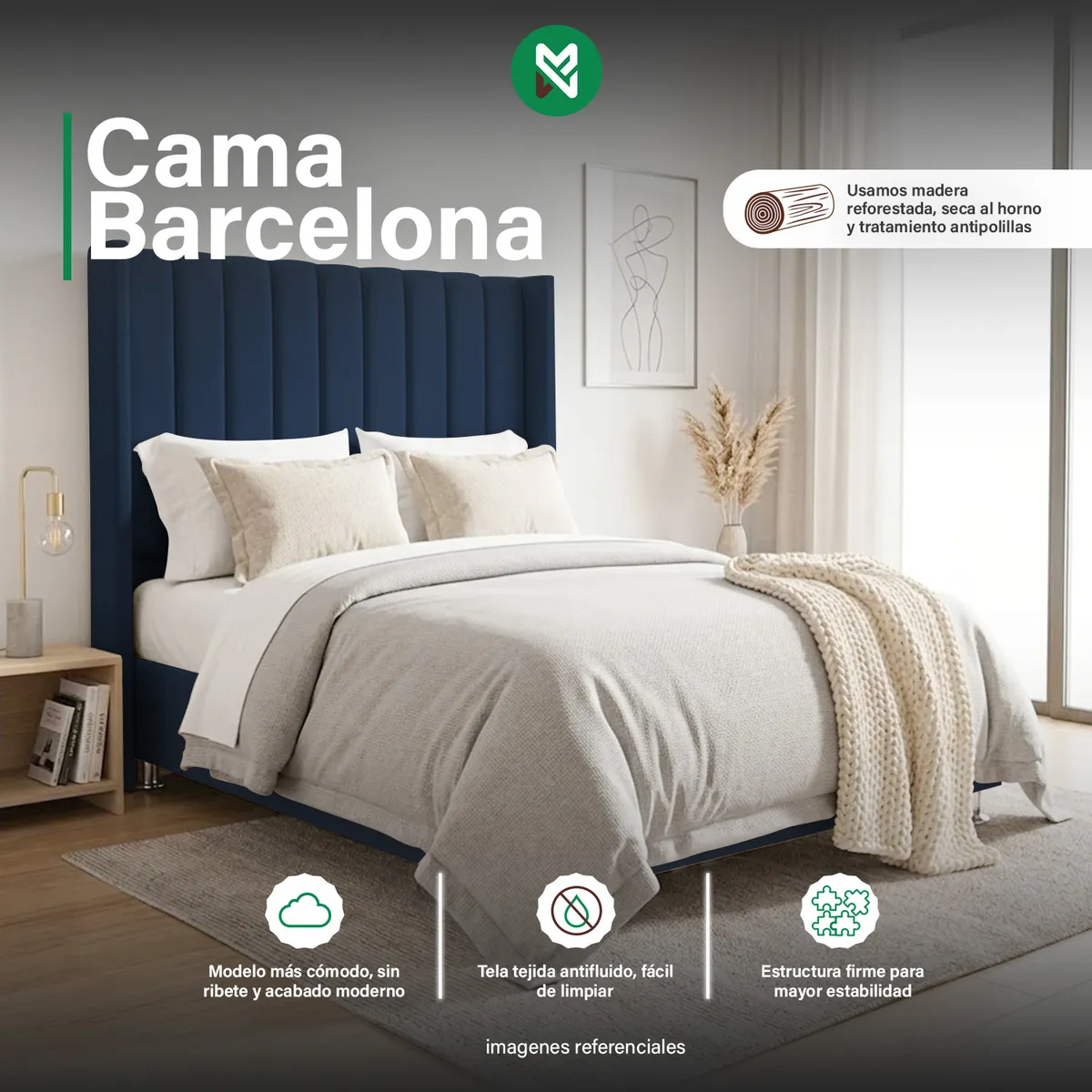 COMBO CAMA TAPIZADA BARCELONA - 2 PLZ AZUL + COLCHÓN SEMIORTOPÉDICO - 1