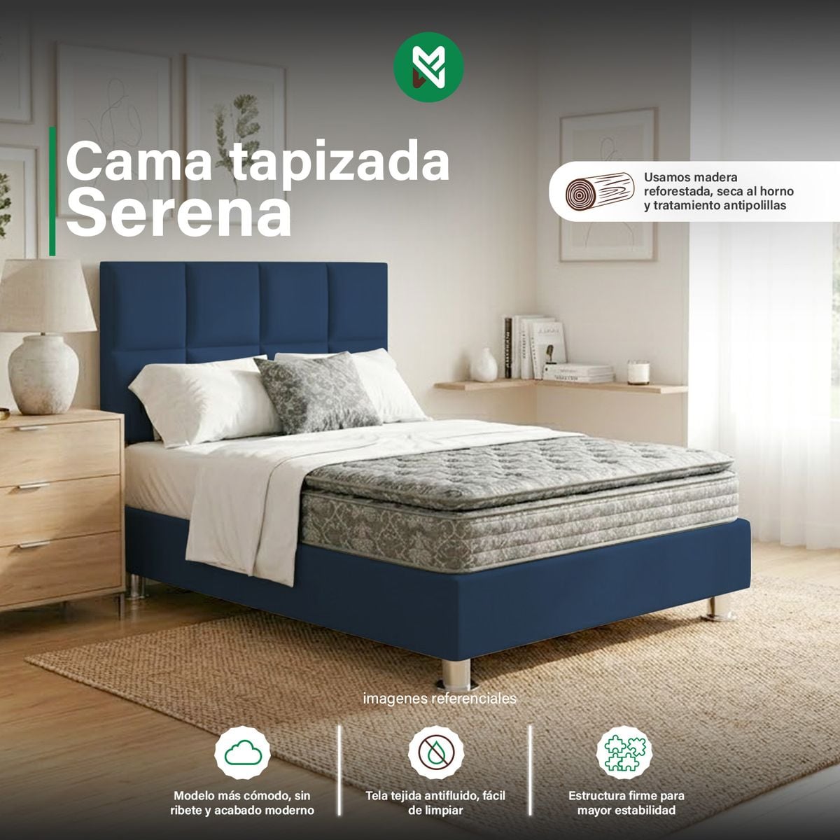 COMBO CAMA TAPIZADA SERENA - 2 PLZ AZUL + COLCHÓN SEMIORTOPÉDICO - 1