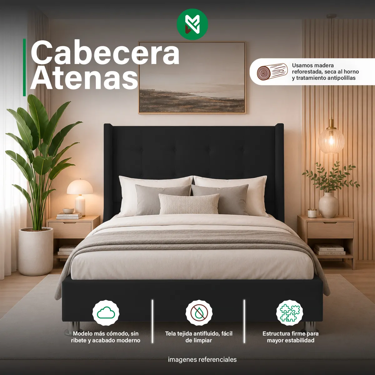 COMBO CAMA TAPIZADA ATENAS - QUEEN - NEGRO + COLCHÓN SEMIORTOPÉDICO - 1