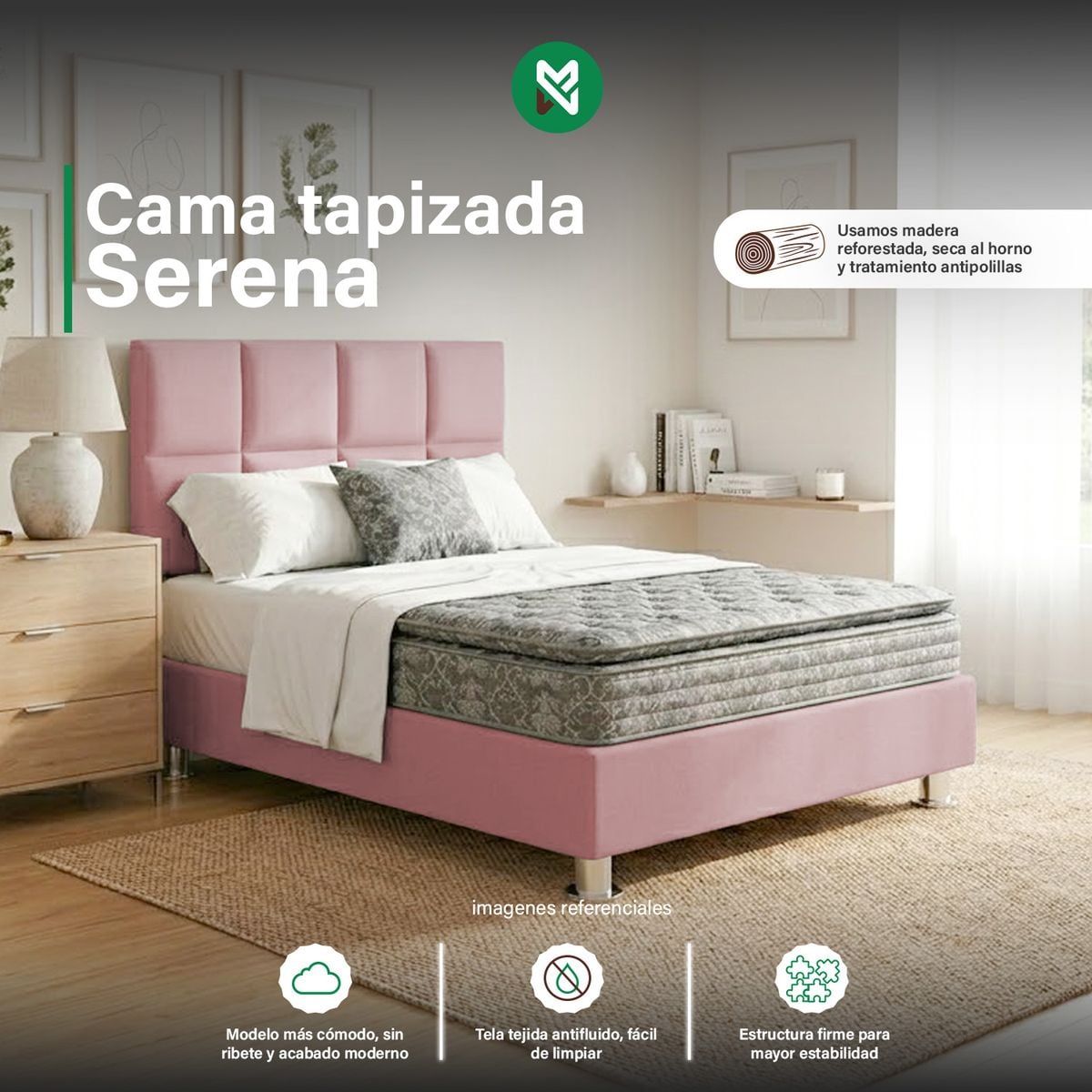 COMBO CAMA TAPIZADA SERENA - 2 PLZ ROSADO + COLCHÓN SEMIORTOPÉDICO - 1