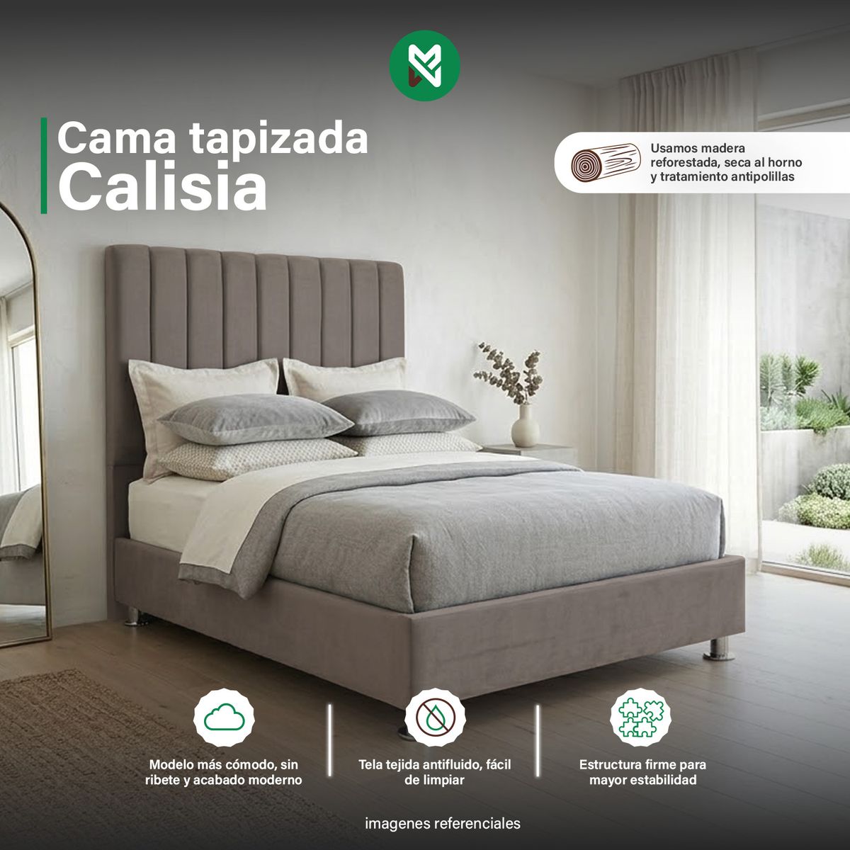COMBO CAMA TAPIZADA CALISIA BEIGE OSCURO -QUEEN+COLCHÓN SEMIORTOPÉDICO - 1