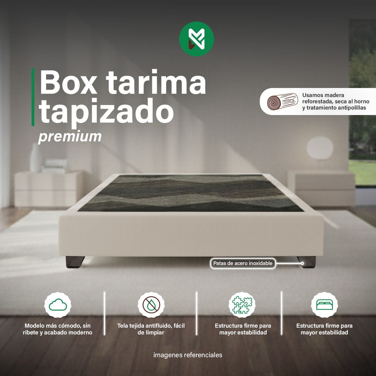 BOX TAPIZADO PREMIUM BEIGE CLARO QUEEN -  2 PIEZAS - 1