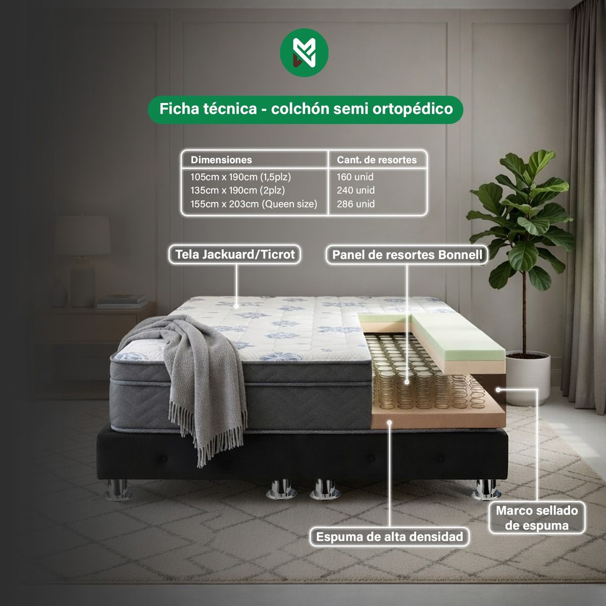 COMBO CAMA TAPIZADA ATENAS - 2 PLZ -BEIGE CLARO+COLCHÓN SEMIORTOPÉDICO - 1