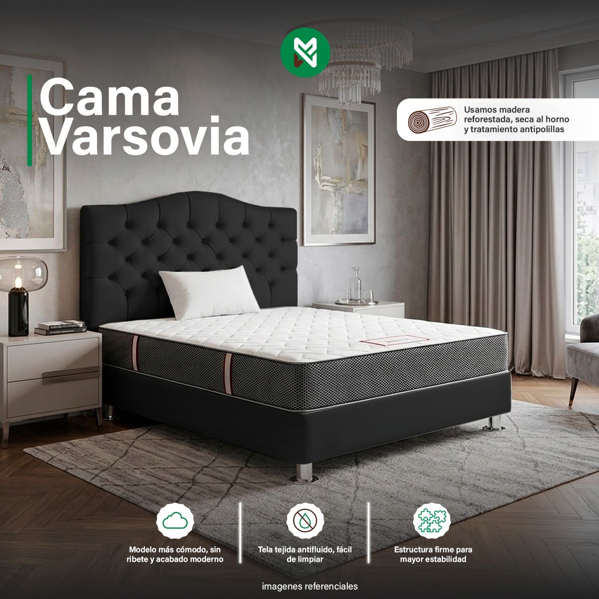 COMBO CAMA TAPIZADA VARSOVIA NEGRO 2PLZ + COLCHON SEMIORTOPEDICO + ALM - 1