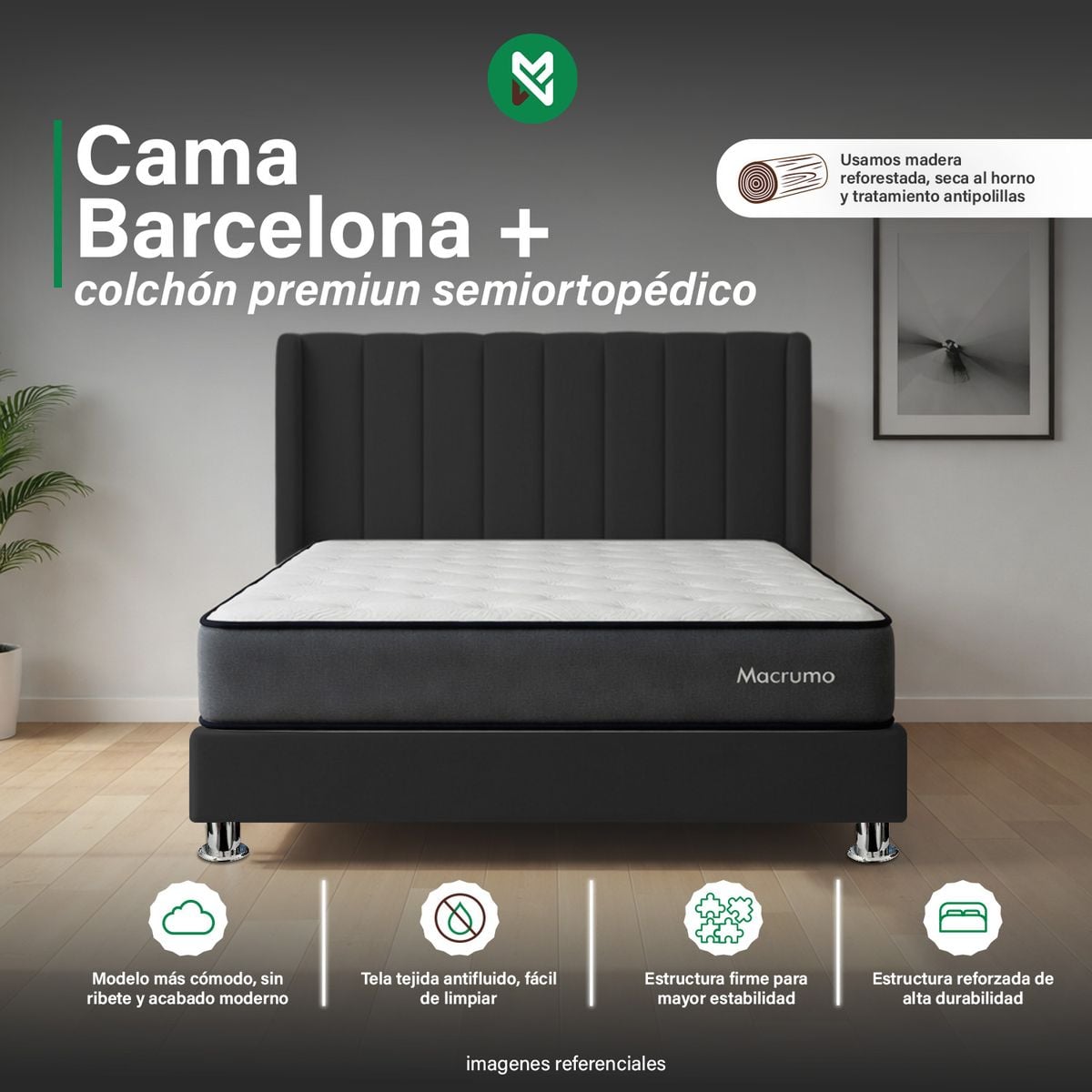 COMBO CAMA TAPIZADA BARCELONA -QUEEN - NEGRO +COLCHÓN PREMIUM SEMIORTOPÉDICO - 1