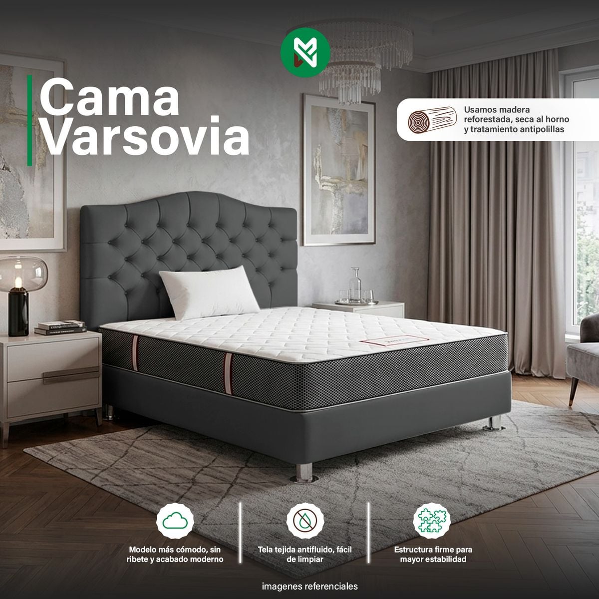 CAMA TAPIZADA VARSOVIA - QUEEN - COLOR GRIS OSCURO - 1