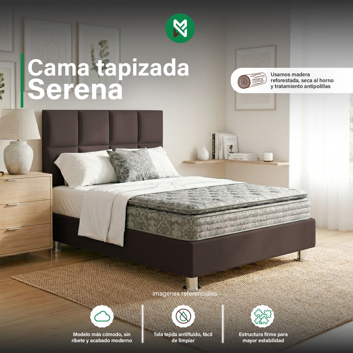 CAMA TAPIZADA SERENA + ALMOHADA - QUEEN PLZ - COLOR MARRÓN - 1