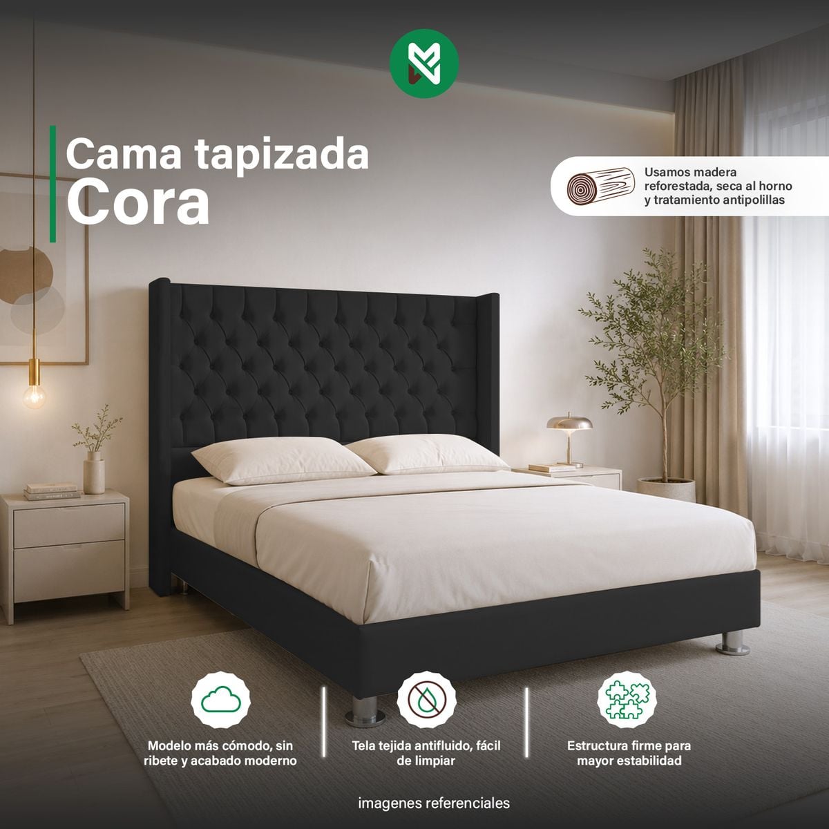 CAMA TAPIZADA CORA QUEEN - COLOR NEGRO - 1