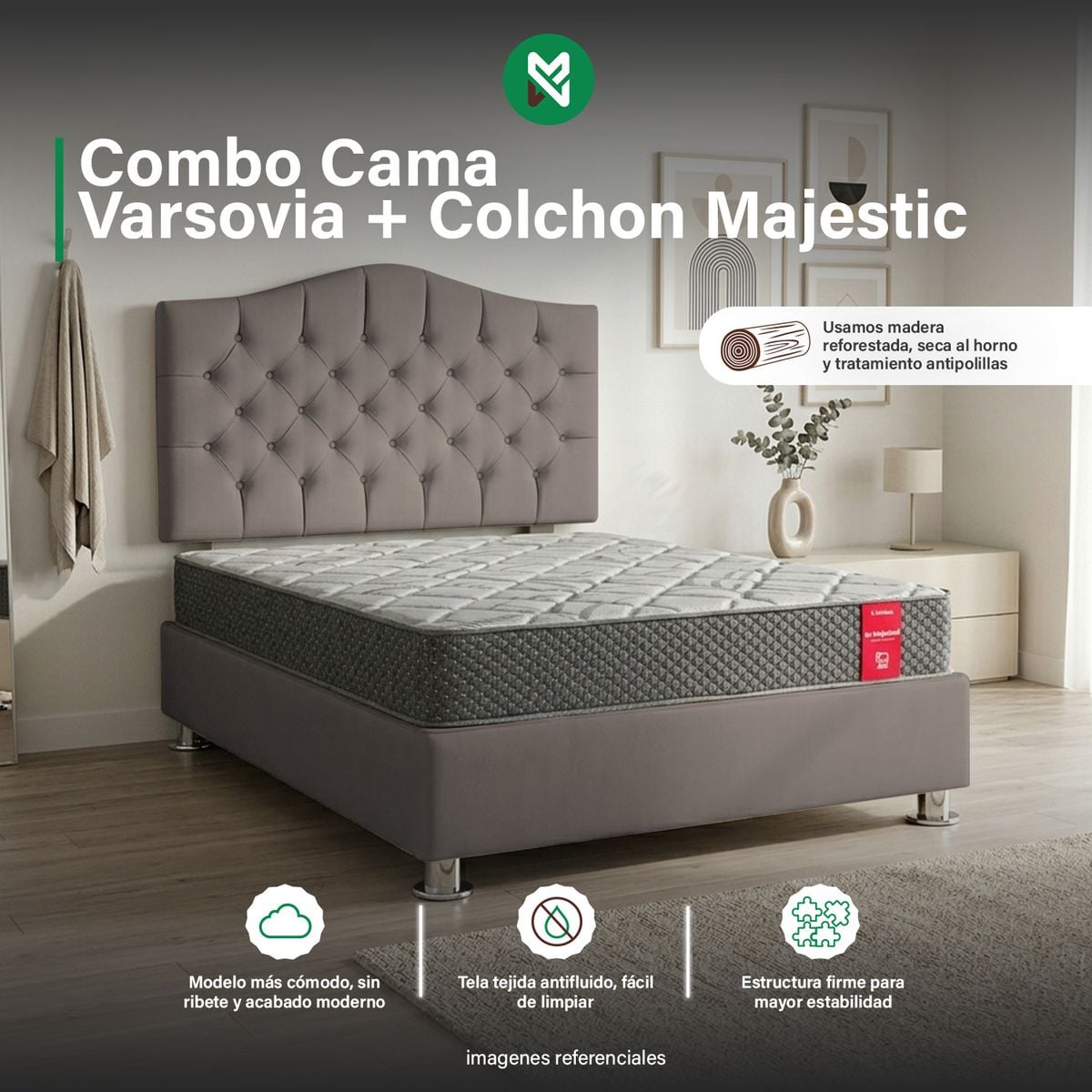 COMBO CAMA TAPIZADA VARSOVIA 2PLZ+COLCHON MAJESTIC PARAÍSO+ALMOHADA - BEIGE OSCURO - 1