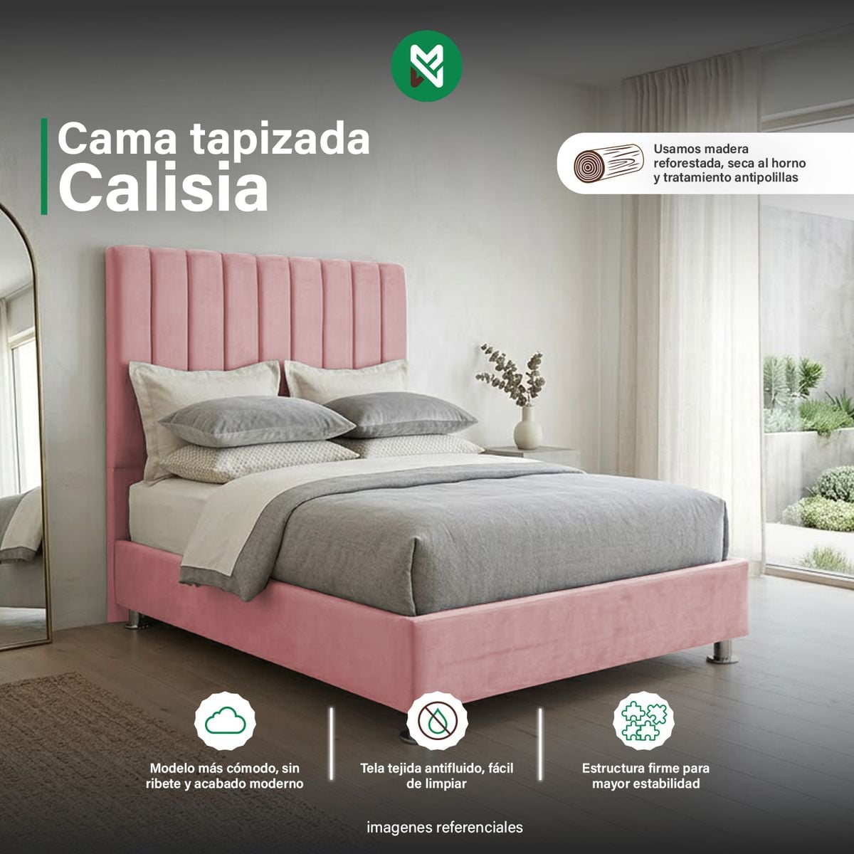 COMBO CAMA TAPIZADA CALISIA ROSADO - 2 PLZ + COLCHÓN SEMIORTOPÉDICO - 1