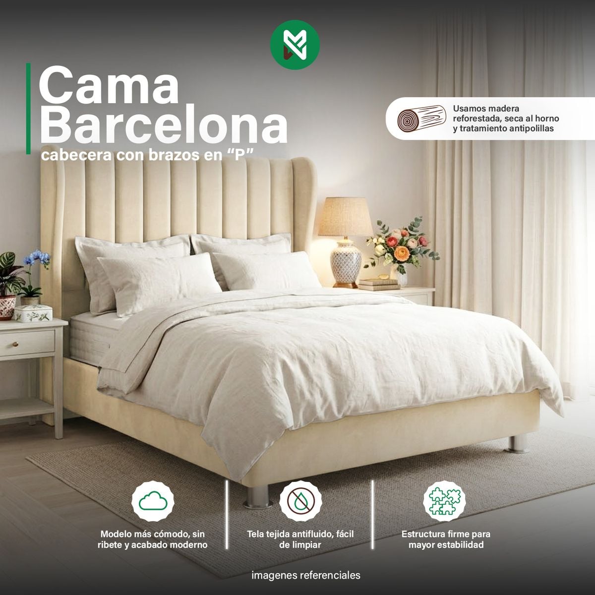 CAMA TAPIZADA BARCELONA EN P - QUEEN - COLOR BEIGE - 1