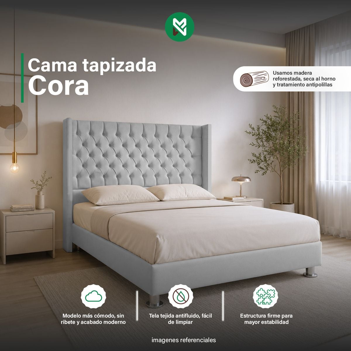 CAMA TAPIZADA CORA QUEEN - COLOR GRIS CLARO - 1
