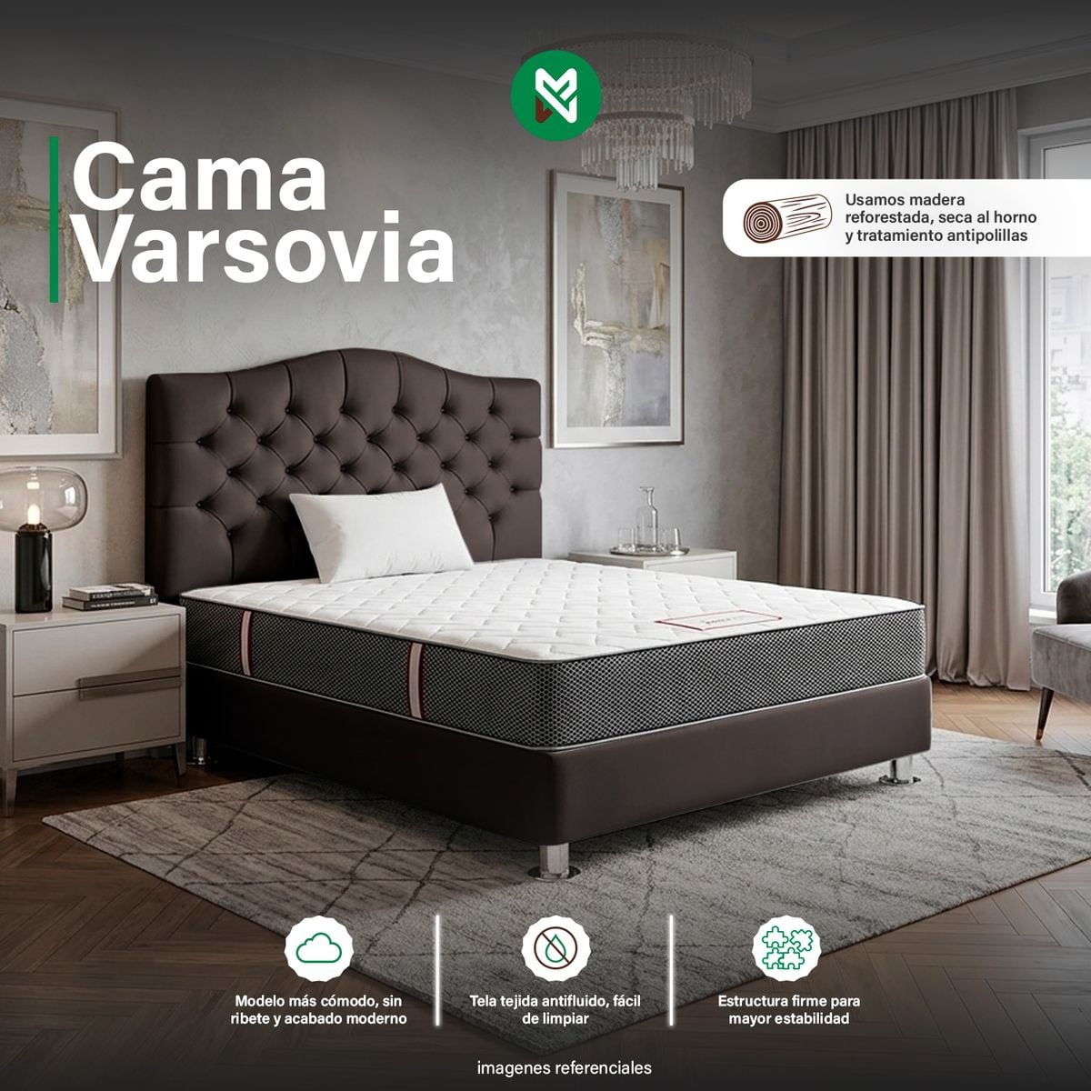 COMBO CAMA TAPIZADA VARSOVIA MARRÓN 2PLZ + COLCHON SEMIORTOPEDICO+ALMD - 1