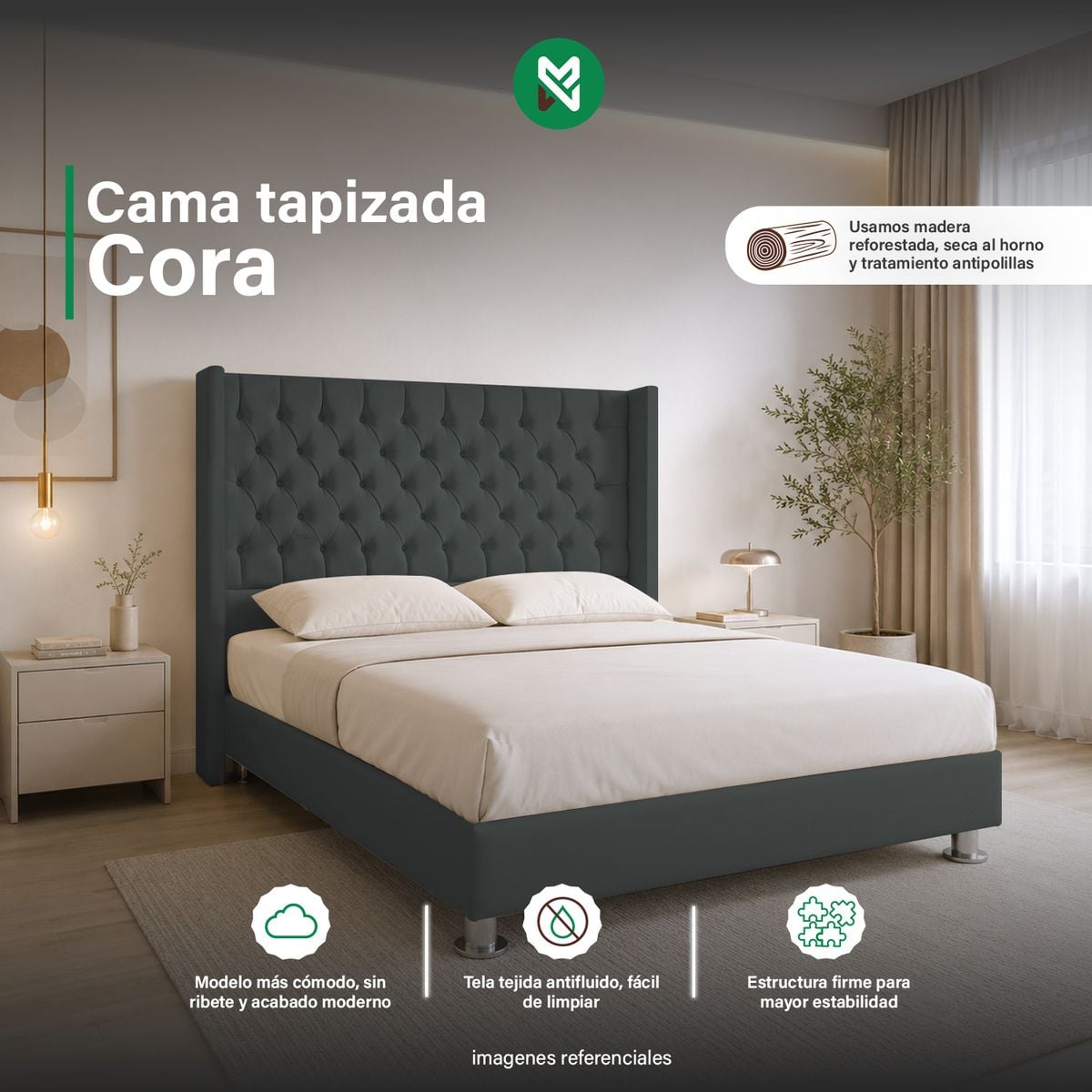 CAMA TAPIZADA CORA KING 2 TARIMAS - COLOR GRIS OSCURO - 1