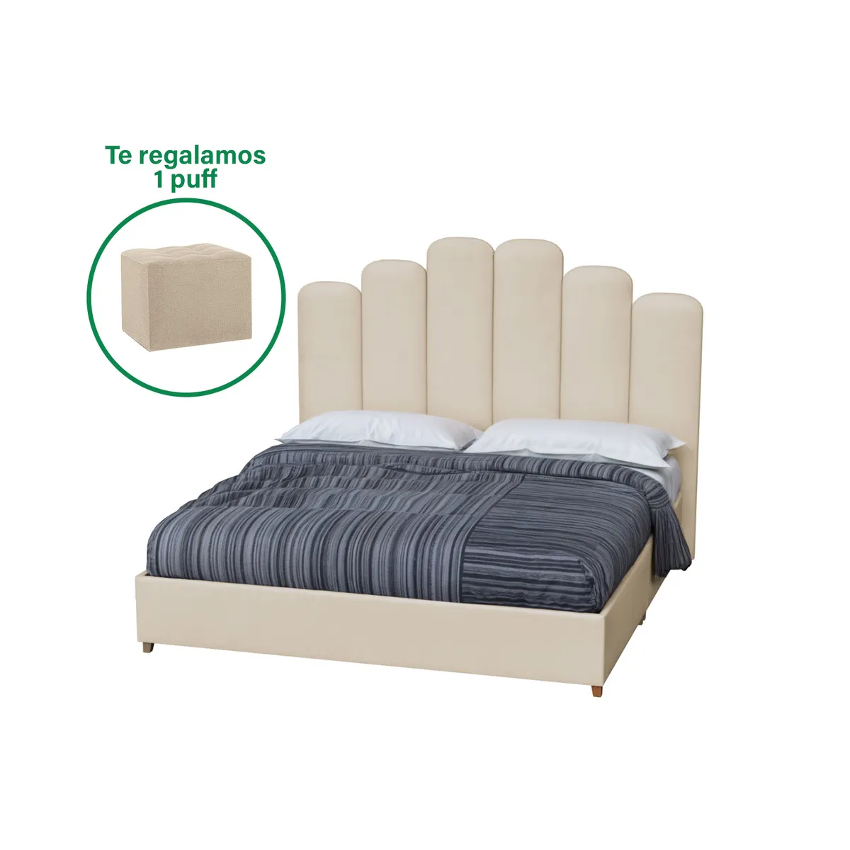 CAMA TAPIZADA PREMIUM ELISSE BEIGE - QUEEN - PERSONALIZA EL COLOR + PUFF GRATIS - 1