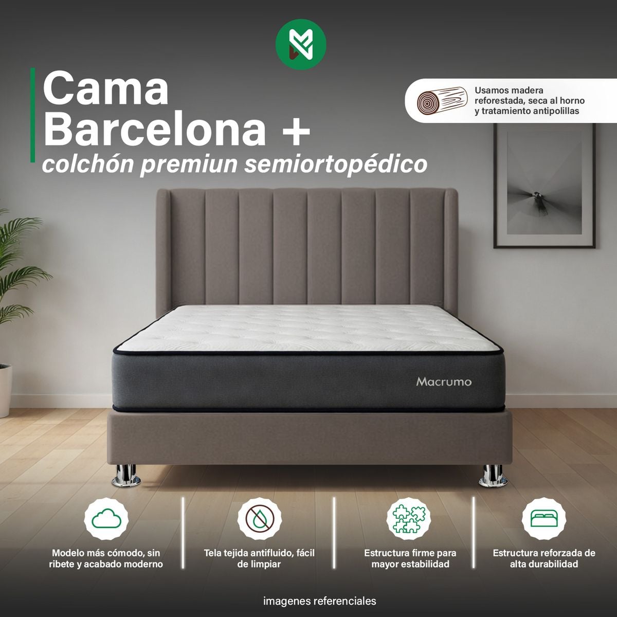 COMBO CAMA TAPIZADA BARCELONA -2PLZ - BEIGE OSCURO +COLCHÓN PREMIUM SEMIORTOPÉDICO - 1