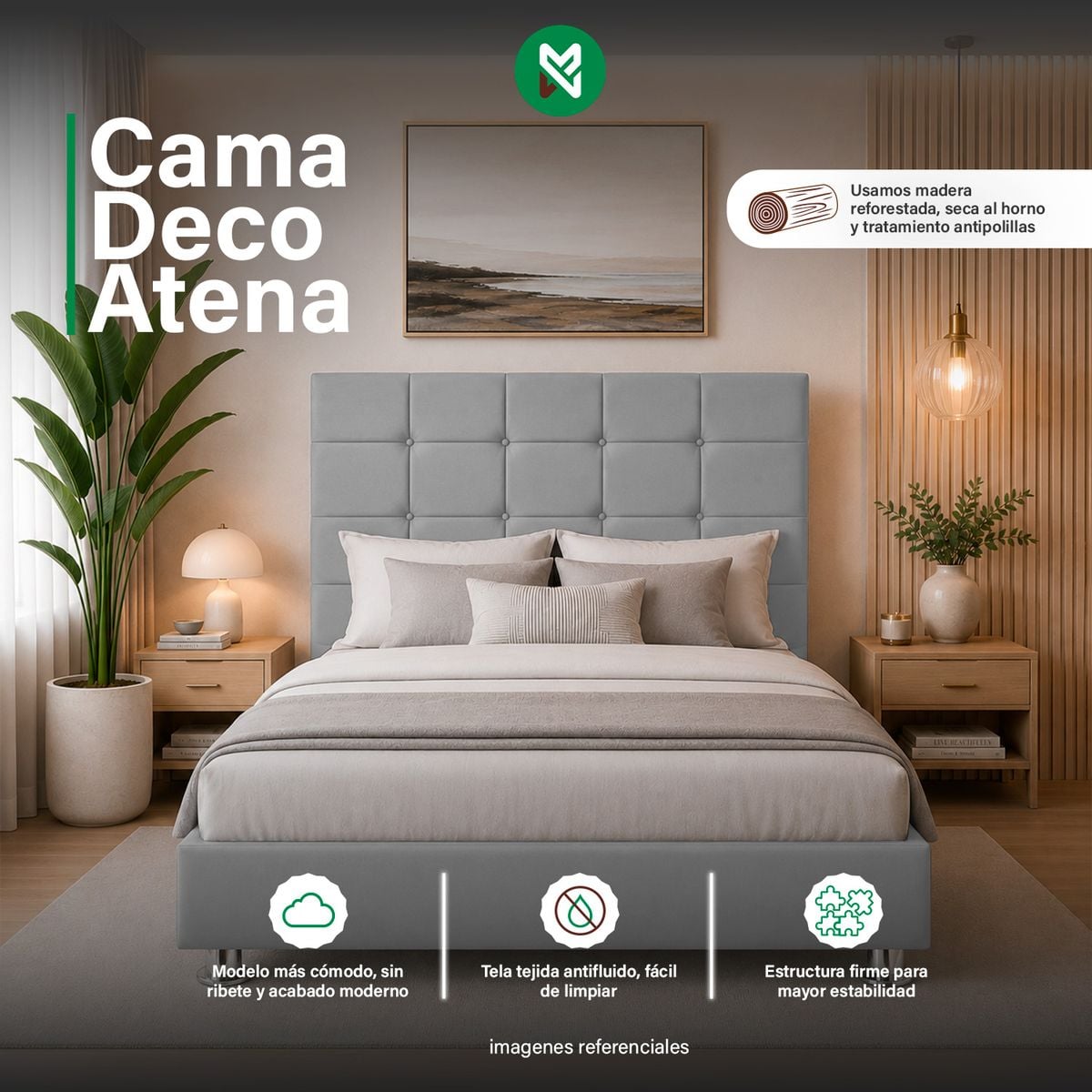 CAMA TAPIZADA DECO ATENAS - QUEEN - COLOR GRIS CLARO - 1