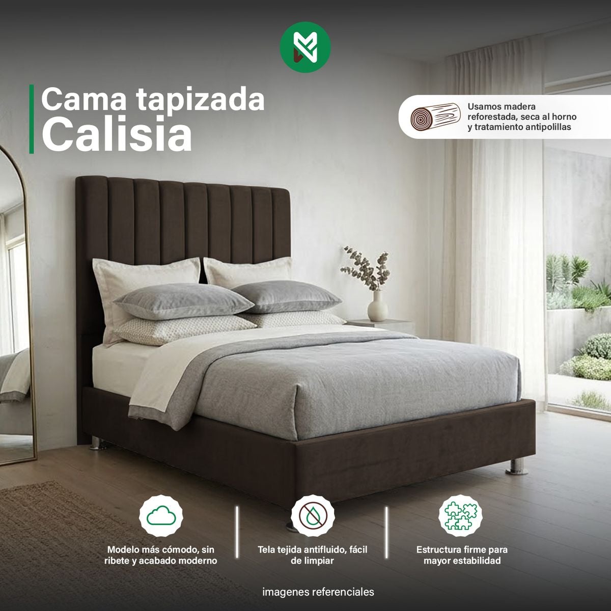 COMBO CAMA TAPIZADA CALISIA MARRÓN - QUEEN +COLCHÓN SEMIORTOPÉDICO - 1