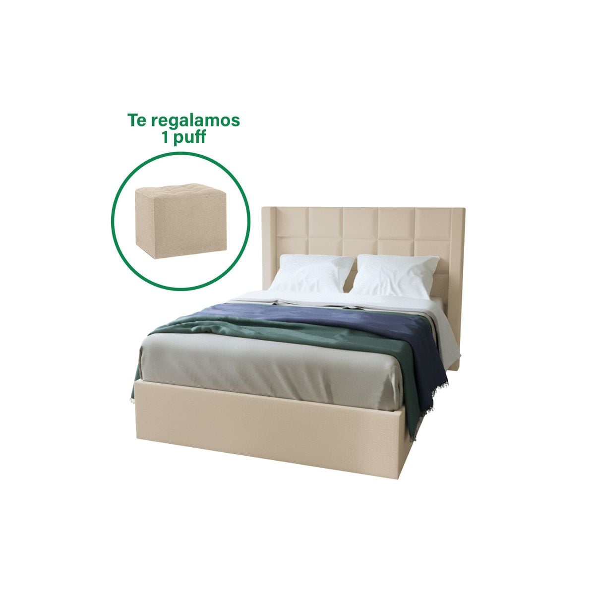 CAMA TAPIZADA MIKI + CABECERA CON BASTONES - QUEEN - PERSONALIZA EL COLOR + PUFF GRATIS - 1