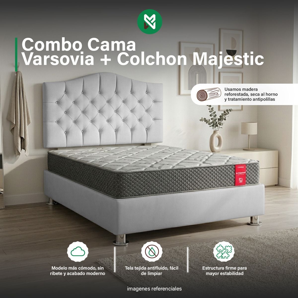 COMBO CAMA TAPIZADA VARSOVIA 2PLZ+COLCHON MAJESTIC PARAÍSO+ALMOHADA - GRIS CLARO - 1
