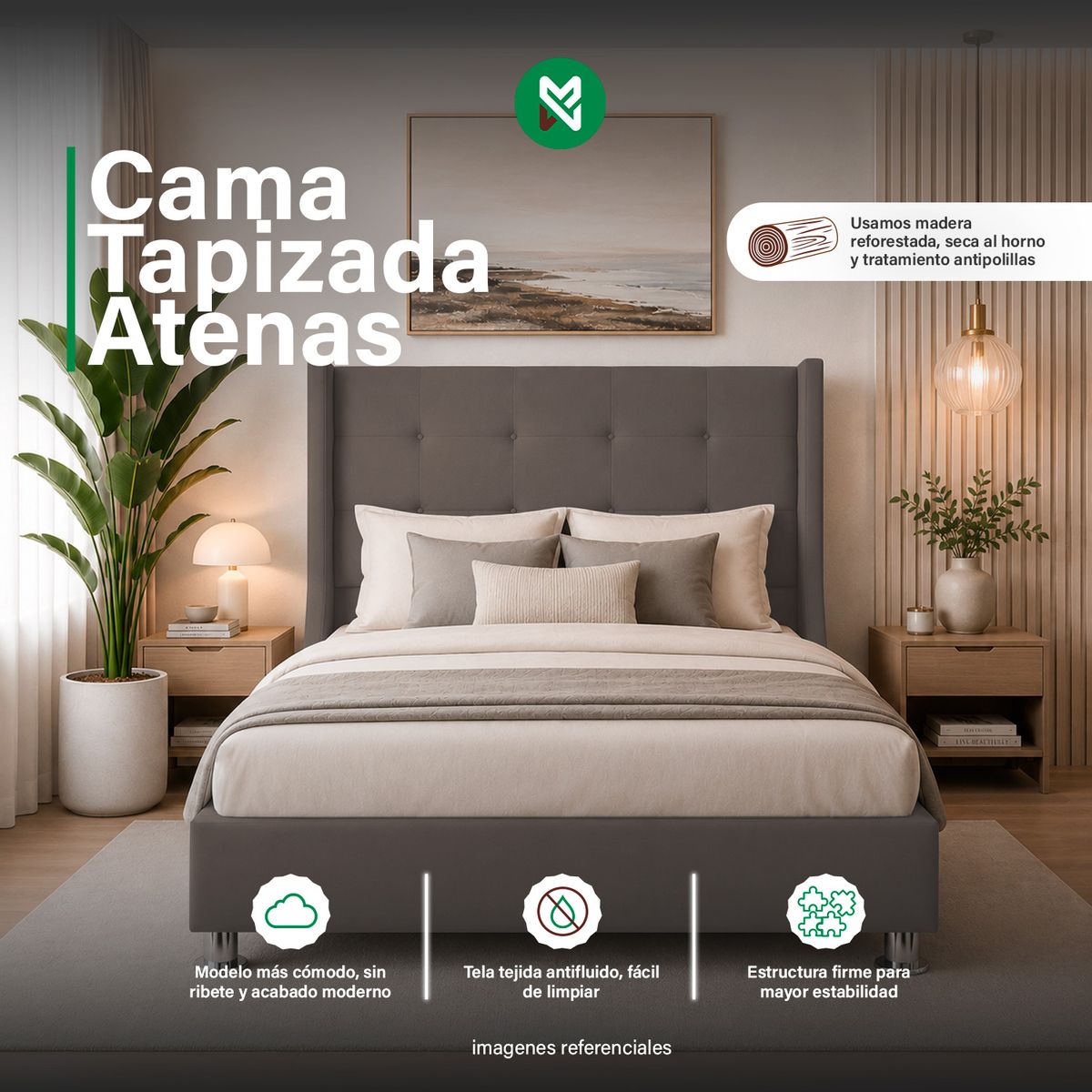 COMBO CAMA TAPIZADA ATENAS - QUEEN-BEIGE OSCURO+COLCHÓN SEMIORTOPÉDICO - 1